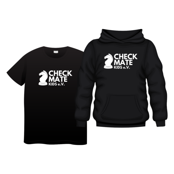 Checkmate Kids welcome package mockup — t-shirt, mug and bottle